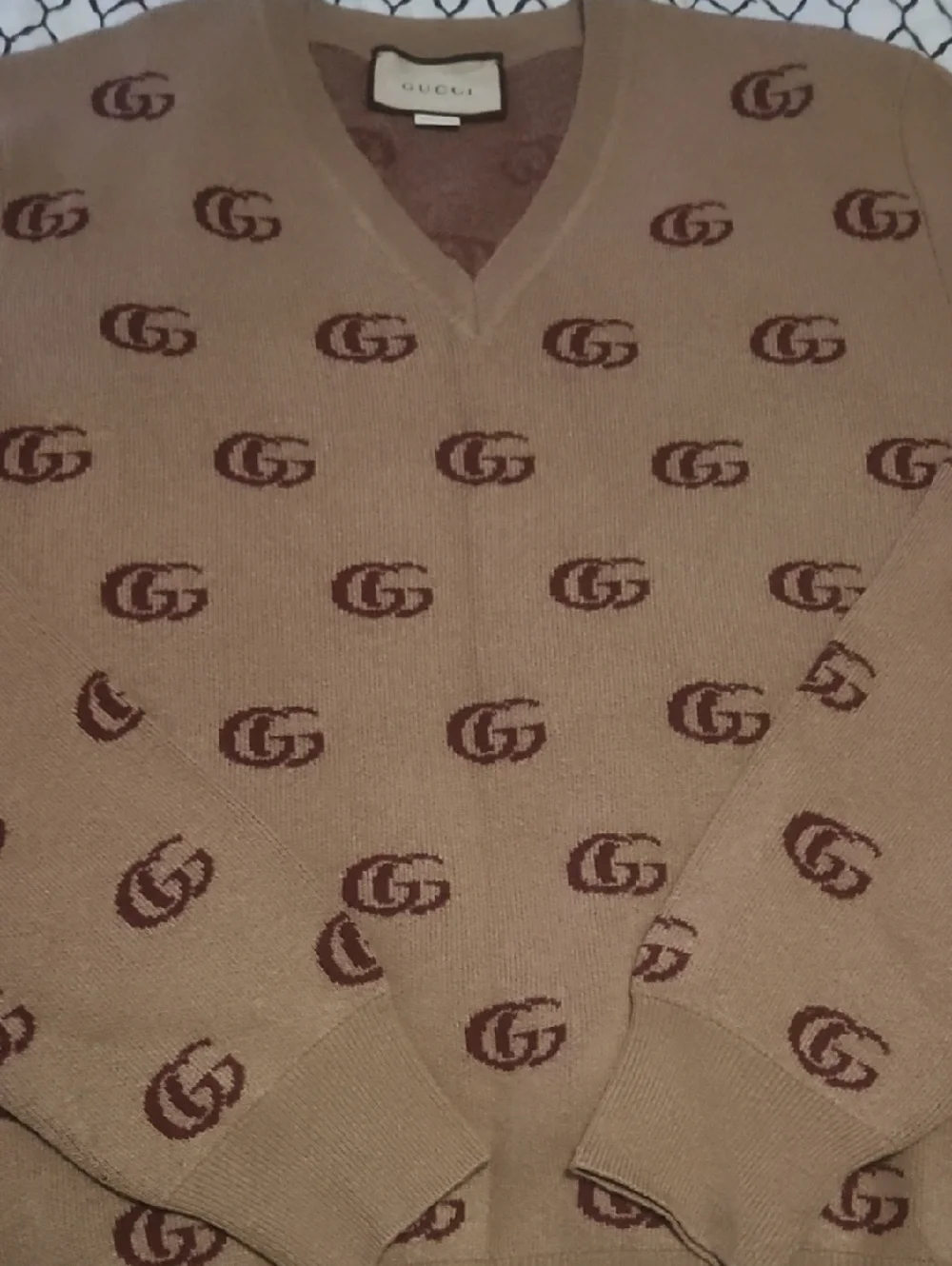 Gucci Beige and Brown V-Neck Sweater with GG Motif